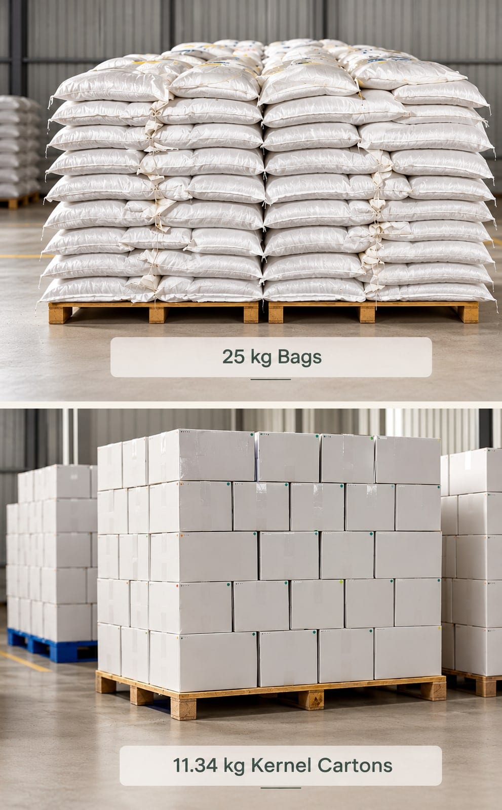 Palletised 25 kg bags of nut-in-shell stacked above pallets of 11.34 kg kernel cartons in a warehouse